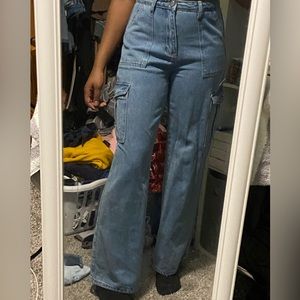 shein blue denim high rise cargo jeans